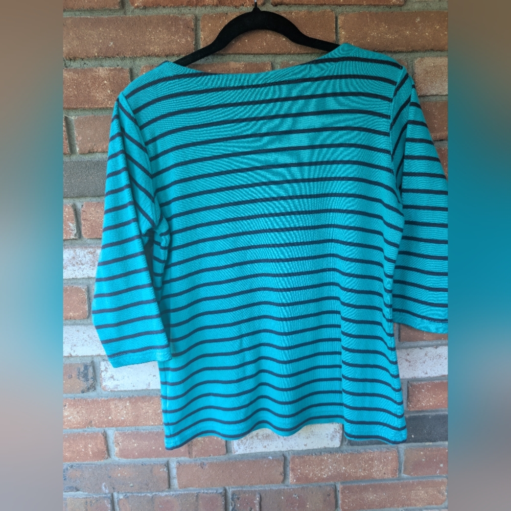 L.L. Bean L Striped greenish Blue Color striped Women's Top. 3/4 Sleeve. - Picture 9 of 10